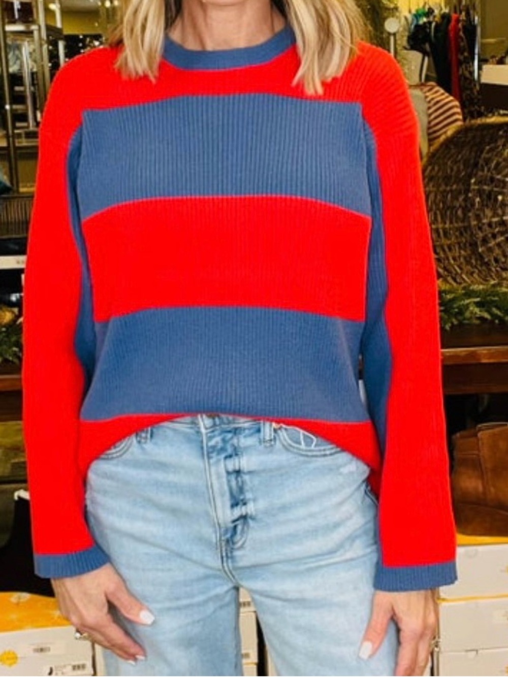 Colorblock Red & Blue Ribbed Crewneck Sweater